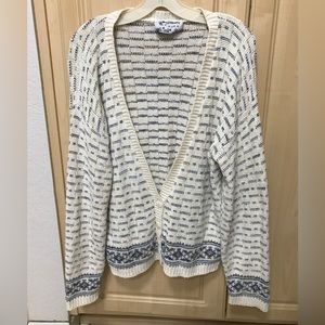 HELIUM Womens Vintage blue ivory long sleeve Vneck cardigan button sweater L/XL